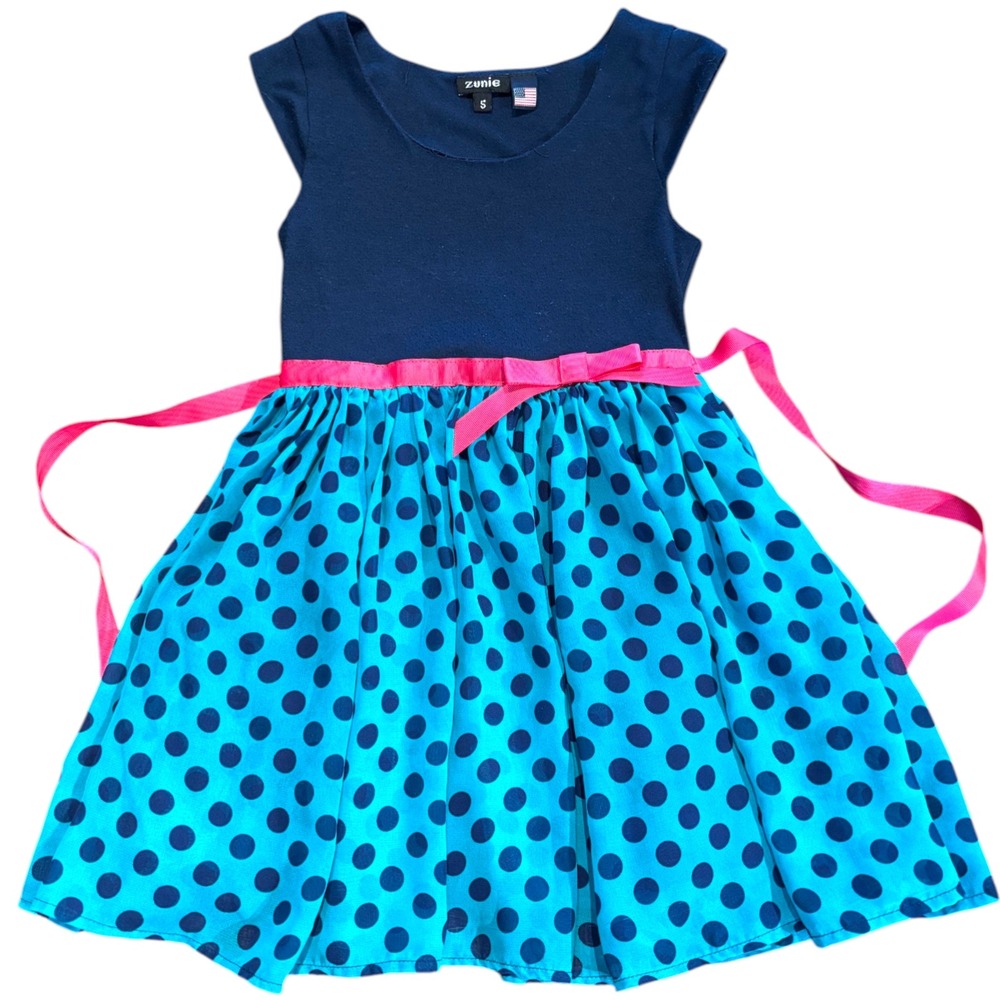 Zunie Girls Navy Blue Polka Dot Dress Turquoise Pink Sash Size 5 MDP9493R